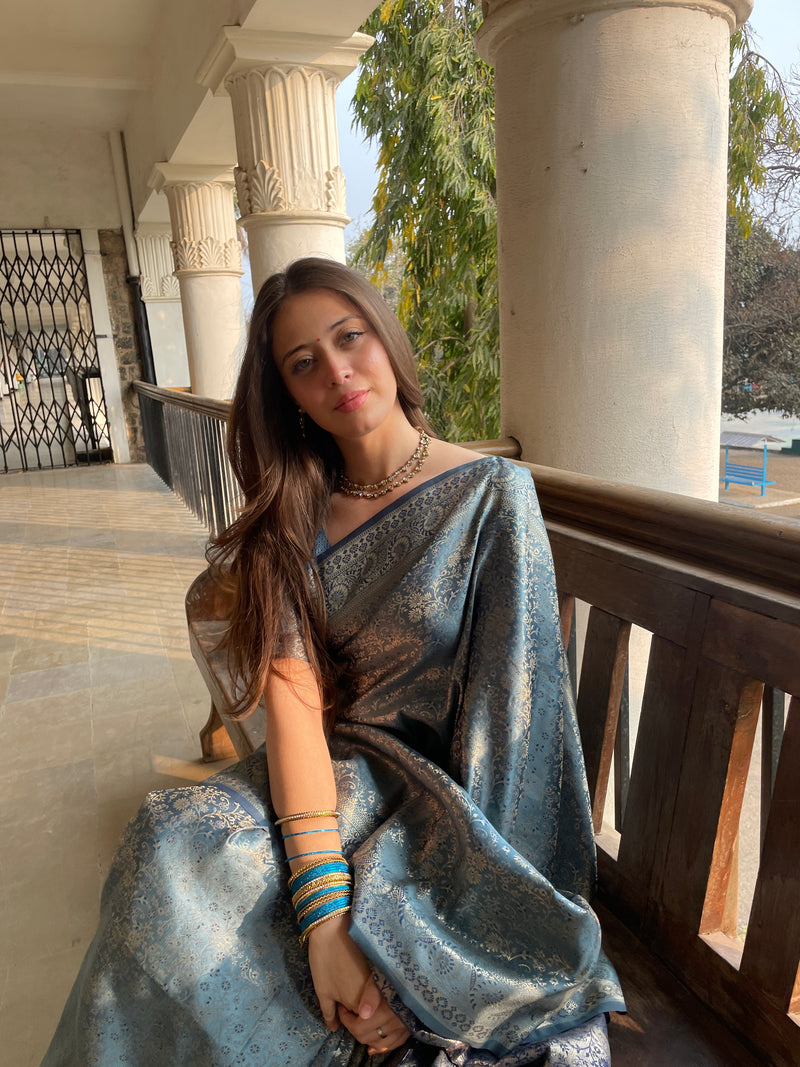 Gulnar Blue Satin Saree