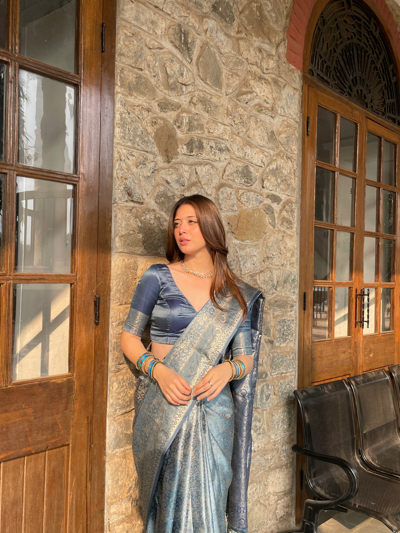Gulnar Blue Satin Saree