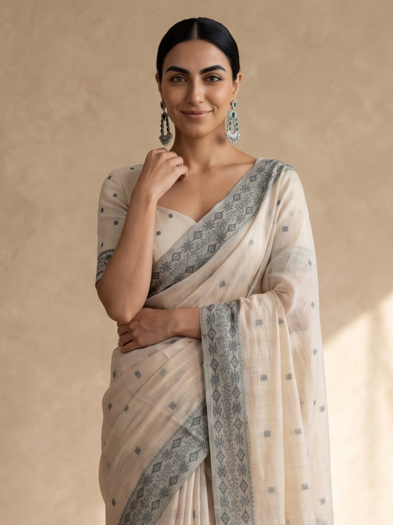 Ira Cream Green Cotton Saree