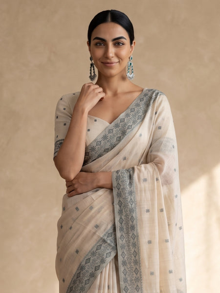Ira Cream Green Cotton Saree