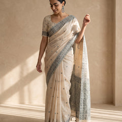 Ira Cream Green Cotton Saree