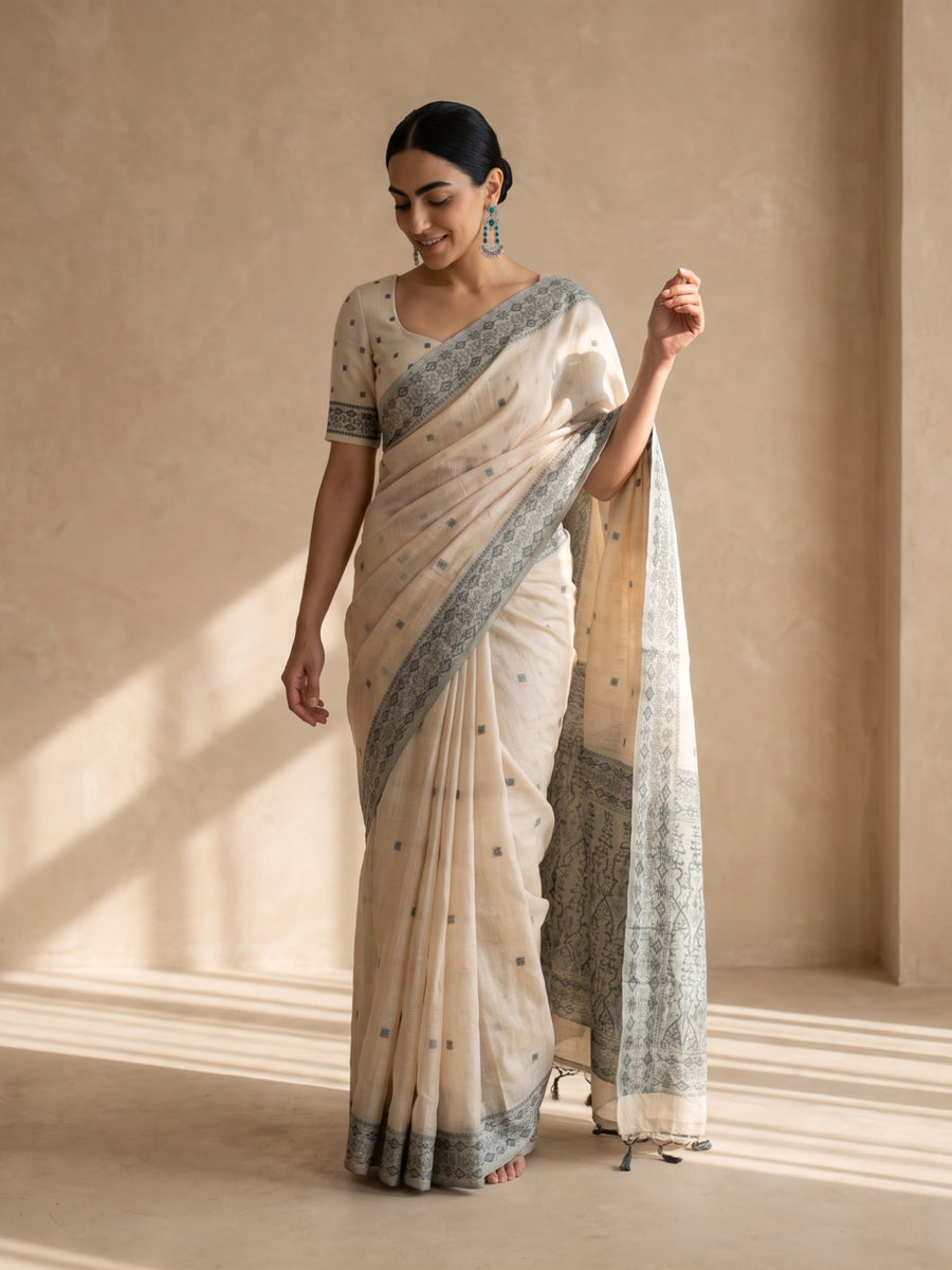 Ira Cream Green Cotton Saree