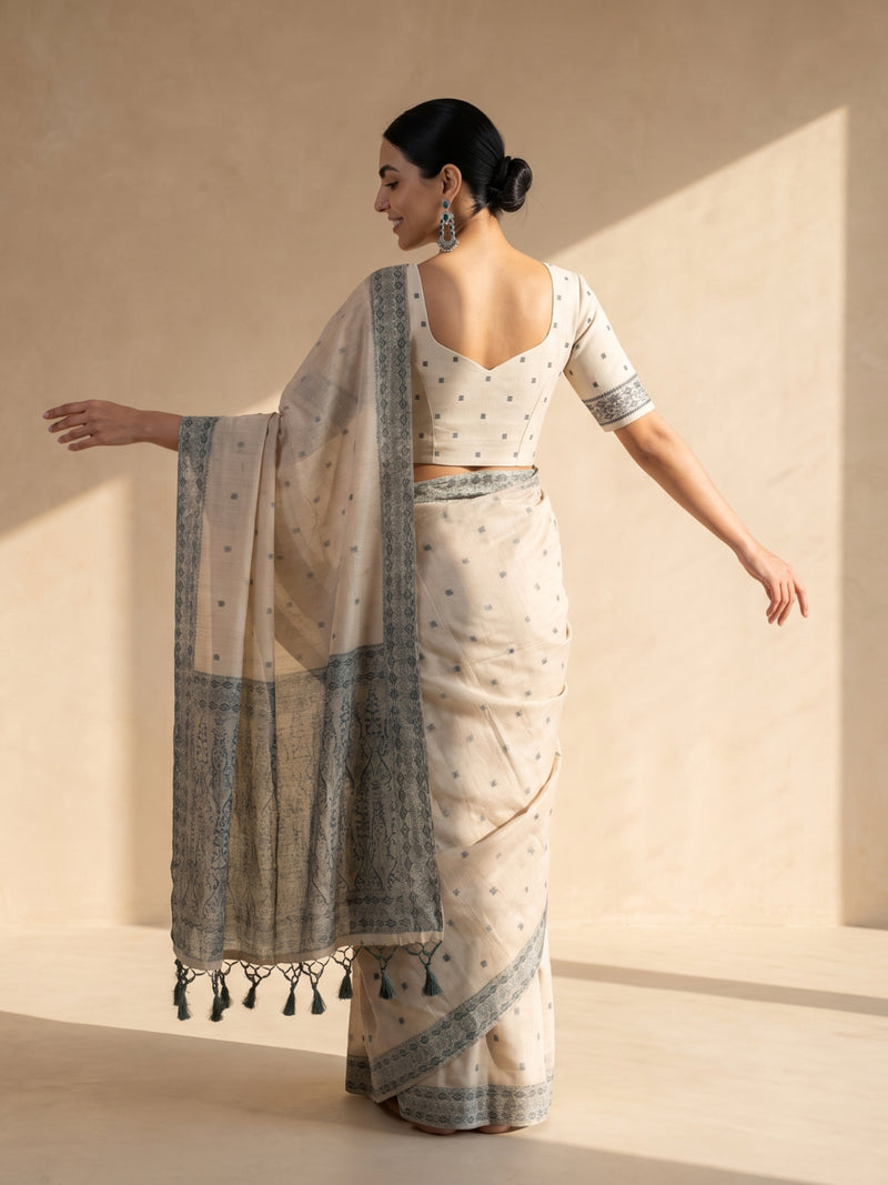 Ira Cream Green Cotton Saree
