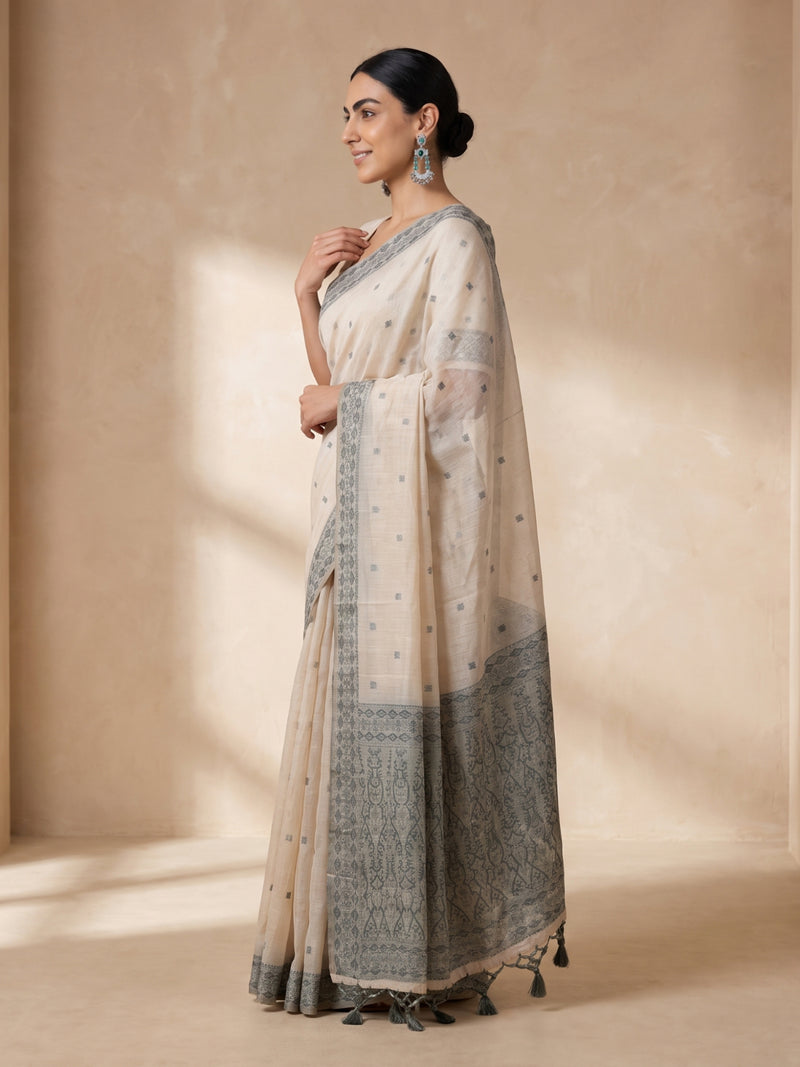 Ira Cream Green Cotton Saree
