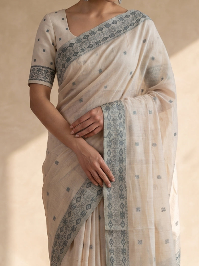 Ira Cream Green Cotton Saree