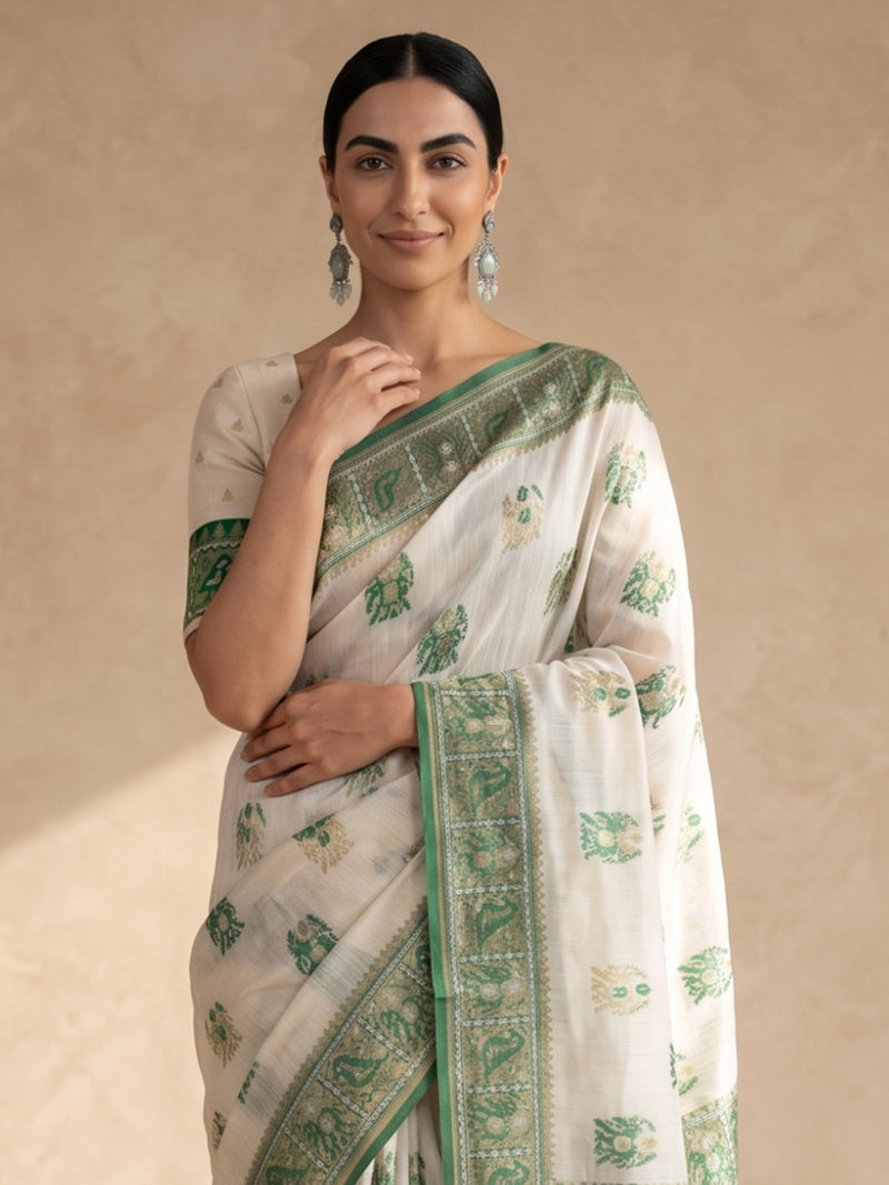 Monalisa Linen Cream Green Saree
