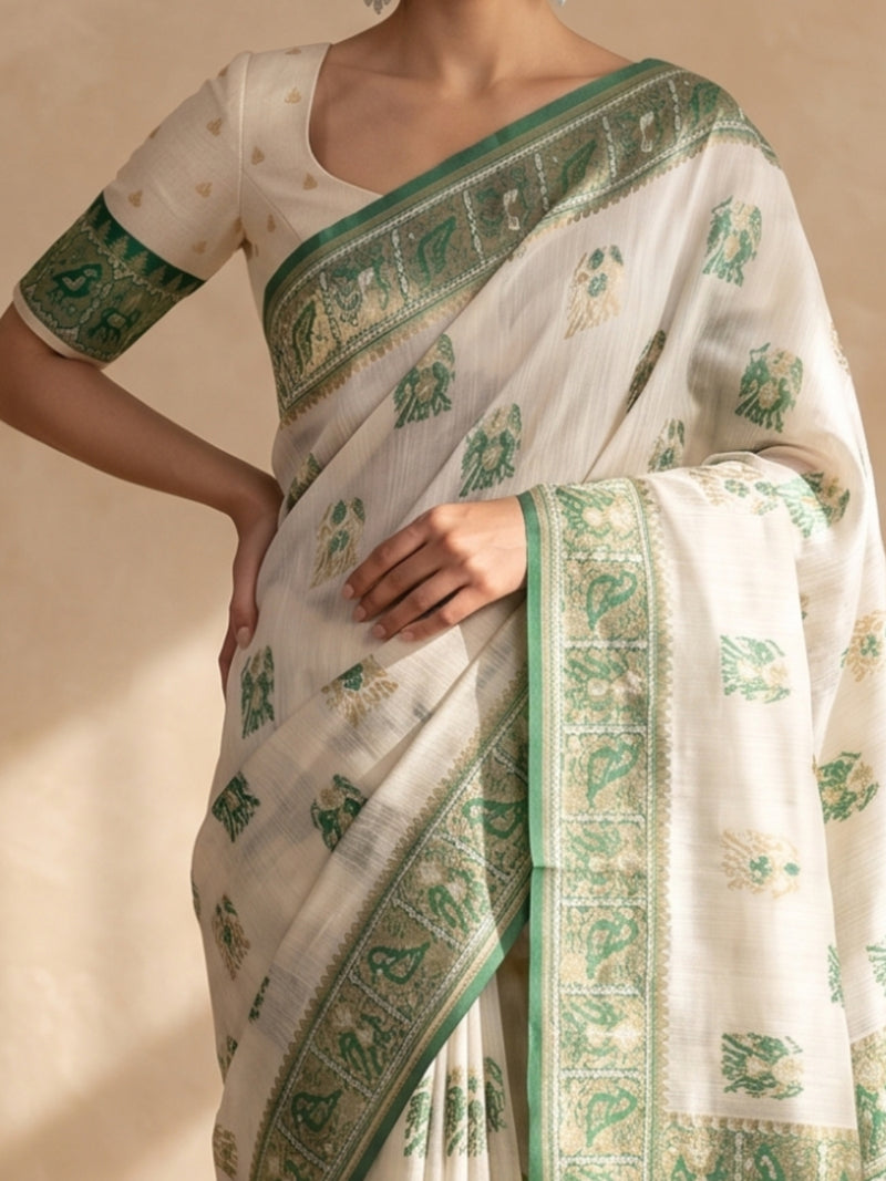 Monalisa Linen Cream Green Saree
