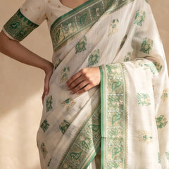Monalisa Linen Cream Green Saree