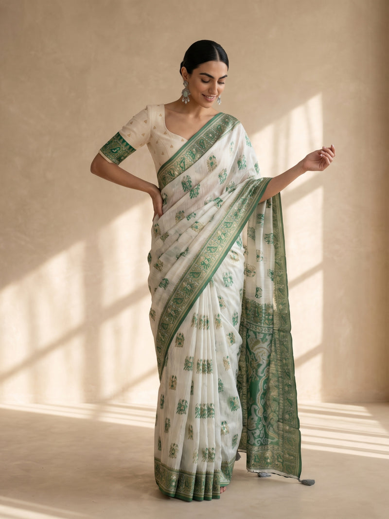 Monalisa Linen Cream Green Saree