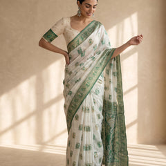 Monalisa Linen Cream Green Saree