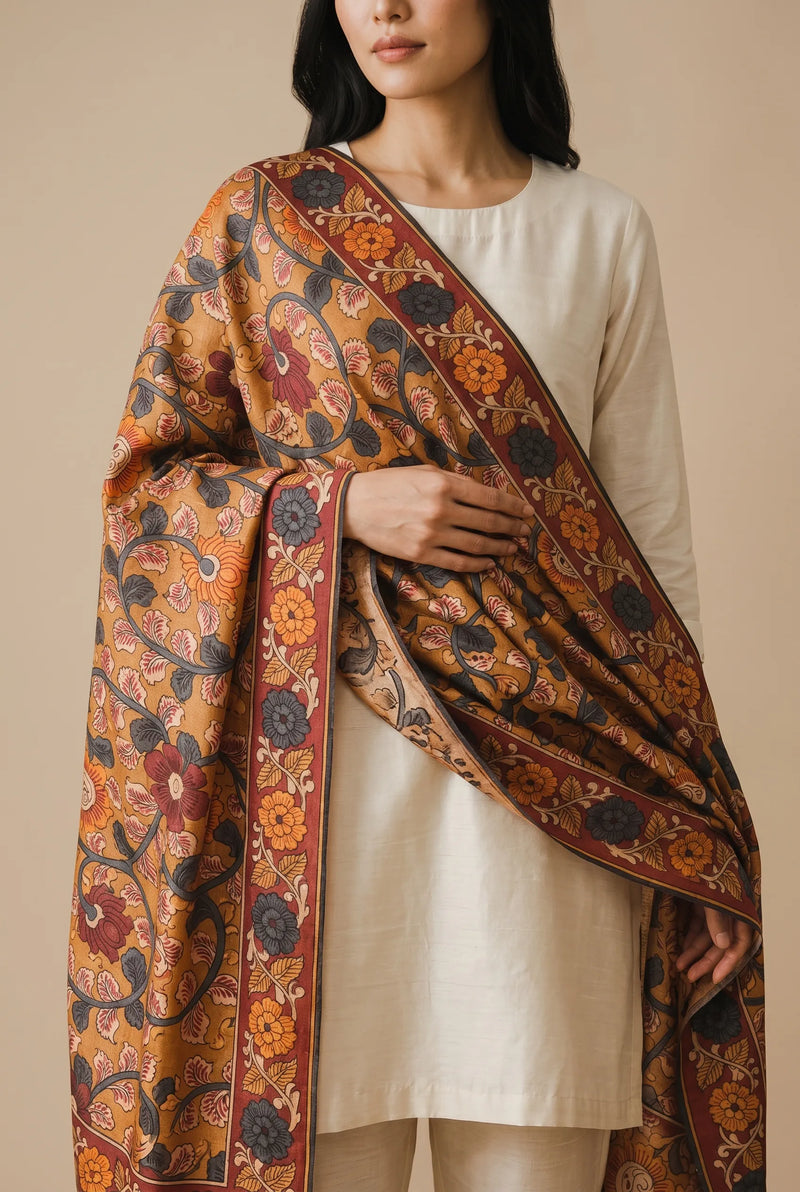 Mustard Printed Jaal Raw Silk Dupatta