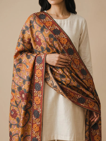 Mustard Printed Jaal Raw Silk Dupatta