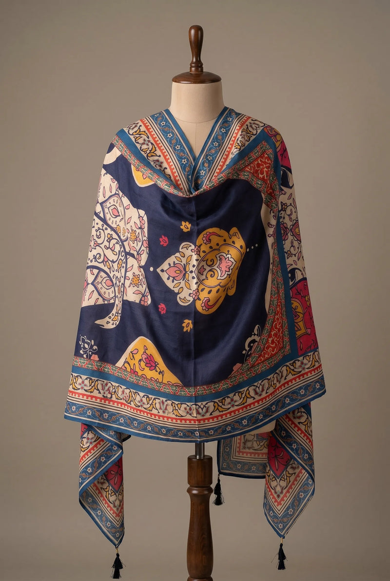 Navy Blue Floral Printed Raw Silk Dupatta