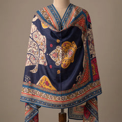 Navy Blue Floral Printed Raw Silk Dupatta