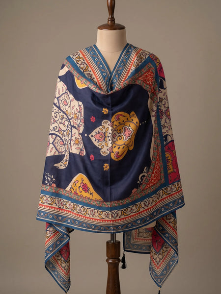 Navy Blue Floral Printed Raw Silk Dupatta