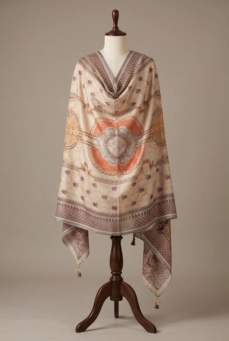 Ivory Medallion Print Raw Silk Dupatta