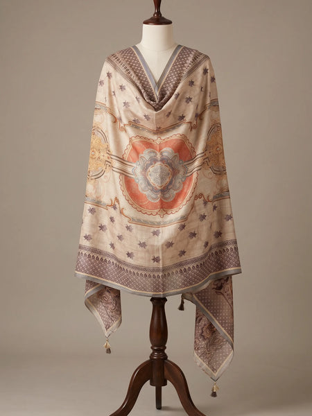 Ivory Medallion Print Raw Silk Dupatta