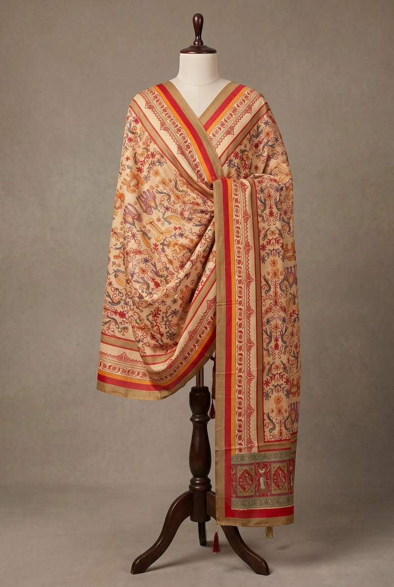 Heritage Print Raw Silk Dupatta with Red Border