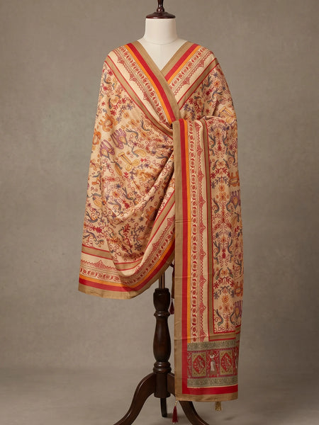 Heritage Print Raw Silk Dupatta with Red Border