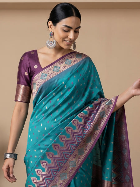 Niva Banarsi Silk Teal Blue Saree