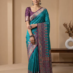 Niva Banarsi Silk Teal Blue Saree