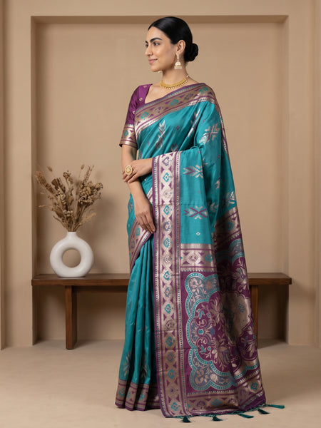Riva Banarsi Silk Teal Saree