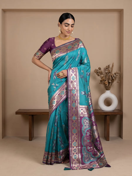 Riva Banarsi Silk Teal Saree