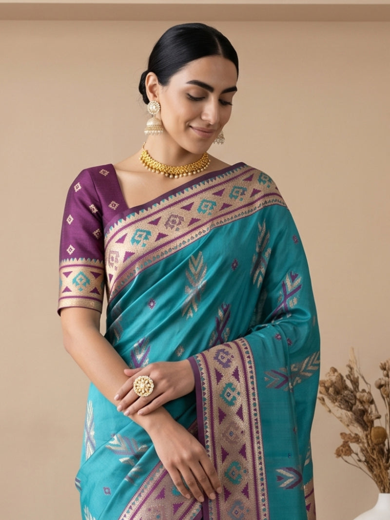 Riva Banarsi Silk Teal Saree