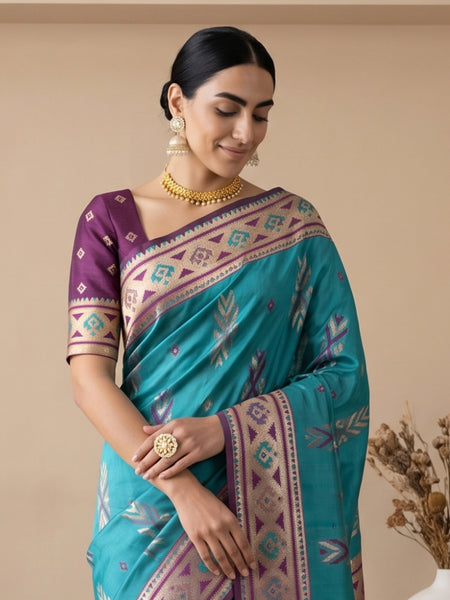 Riva Banarsi Silk Teal Saree