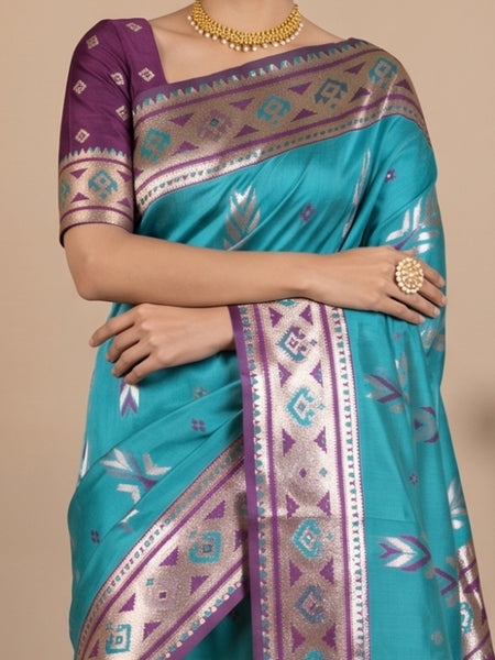 Riva Banarsi Silk Teal Saree
