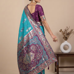 Riva Banarsi Silk Teal Saree