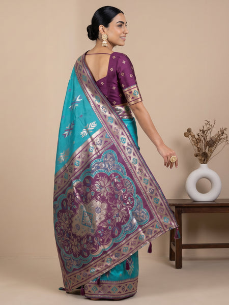 Riva Banarsi Silk Teal Saree