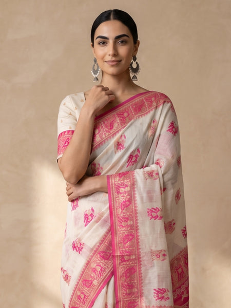 Monalisa Linen Cream Pink Saree
