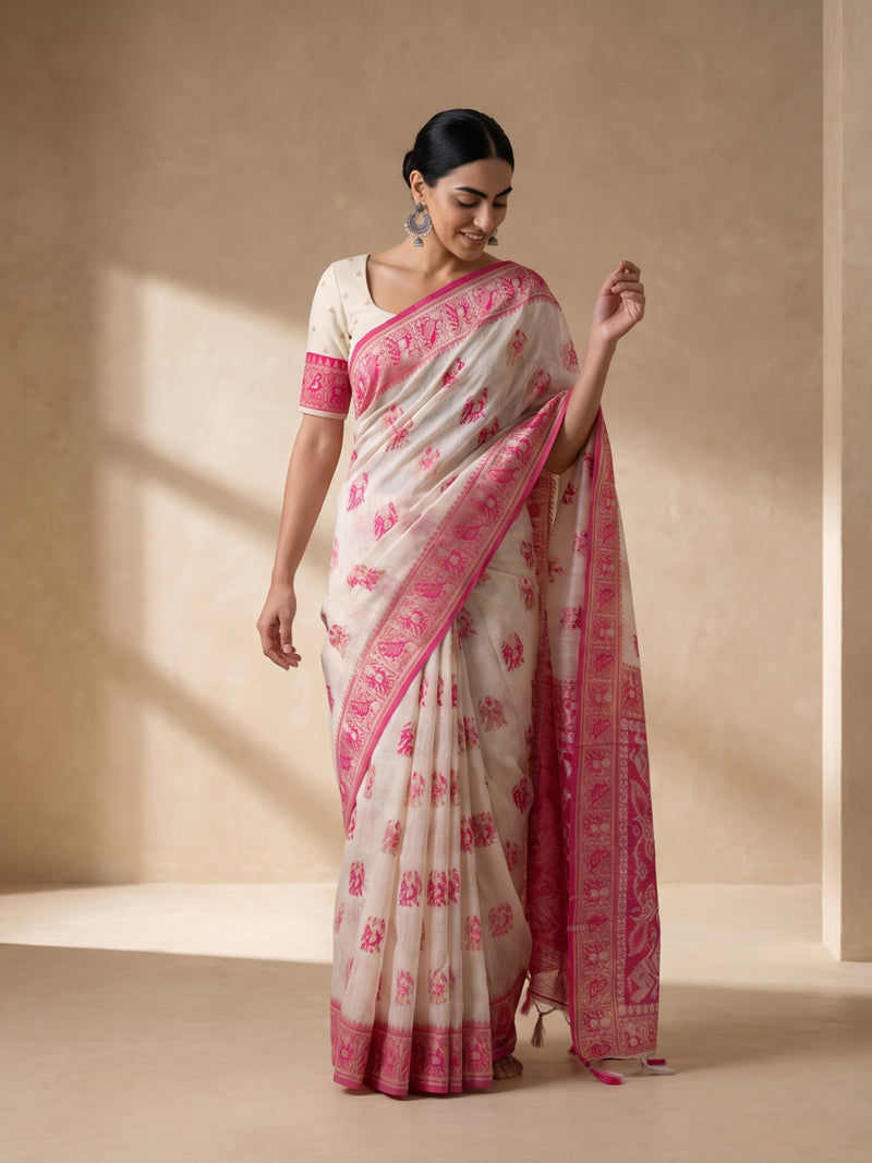 Monalisa Linen Cream Pink Saree