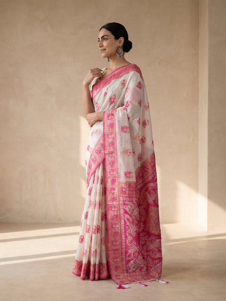 Monalisa Linen Cream Pink Saree