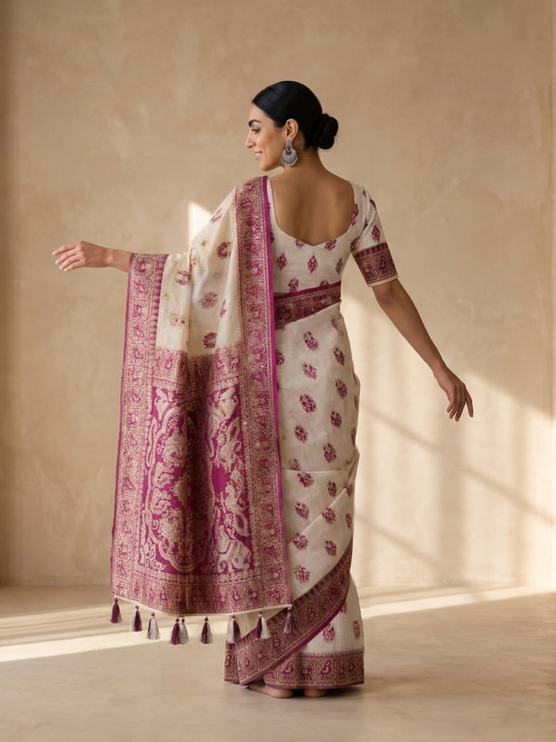 Monalisa Linen Cream Purple Saree