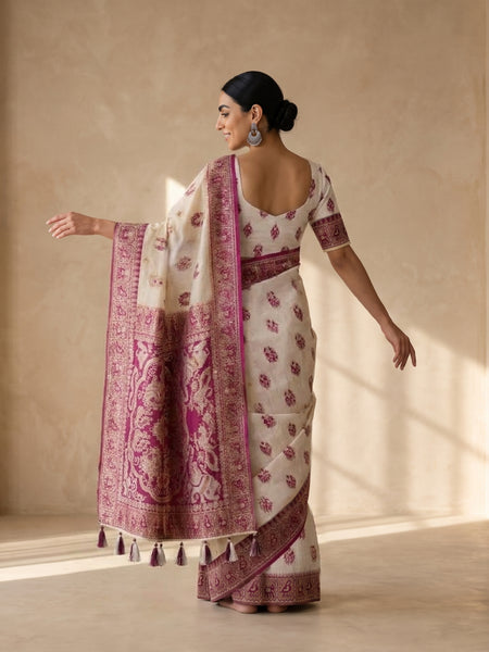 Monalisa Linen Cream Purple Saree