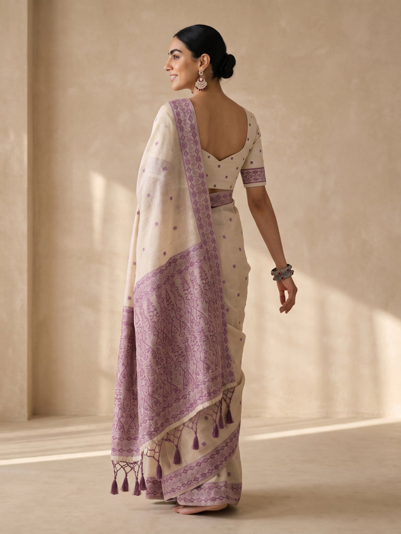 Saanjh Cream Purple Cotton Saree