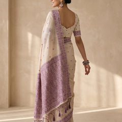 Saanjh Cream Purple Cotton Saree