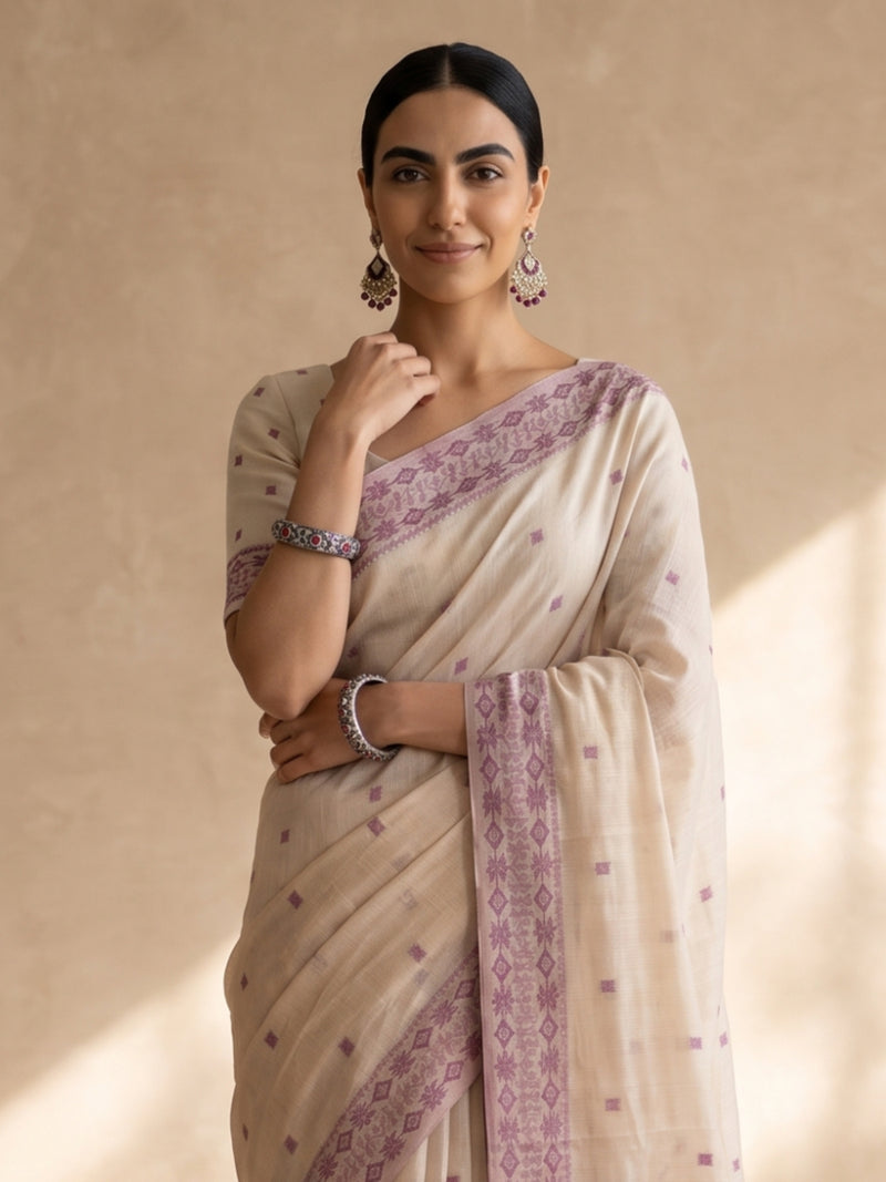 Saanjh Cream Purple Cotton Saree
