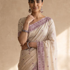 Saanjh Cream Purple Cotton Saree