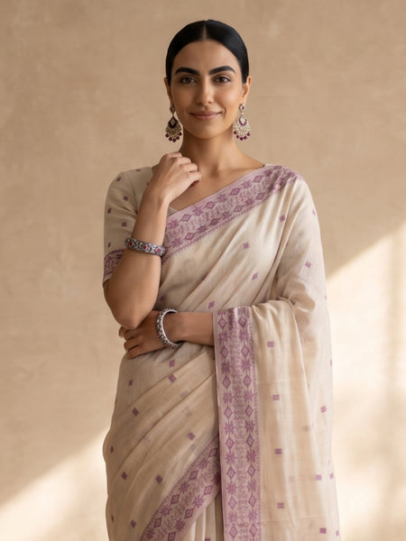 Ira Cream Purple Cotton Saree