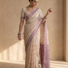 Saanjh Cream Purple Cotton Saree