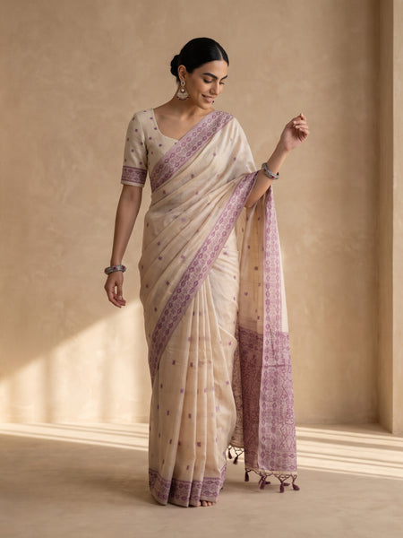 Saanjh Cream Purple Cotton Saree