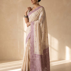 Saanjh Cream Purple Cotton Saree