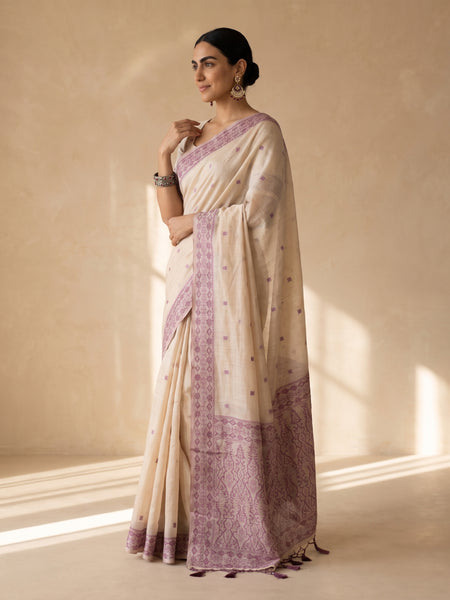 Saanjh Cream Purple Cotton Saree