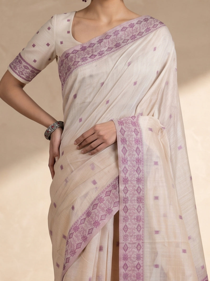 Saanjh Cream Purple Cotton Saree