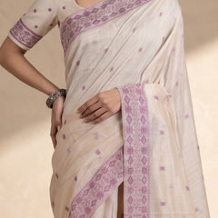 Saanjh Cream Purple Cotton Saree