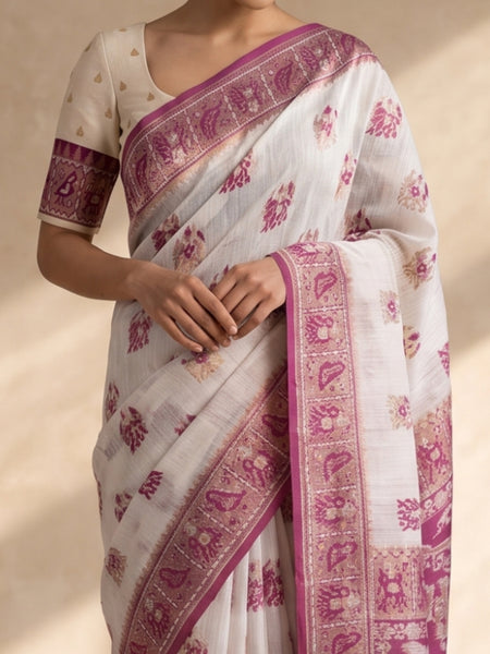 Monalisa Linen Cream Purple Saree