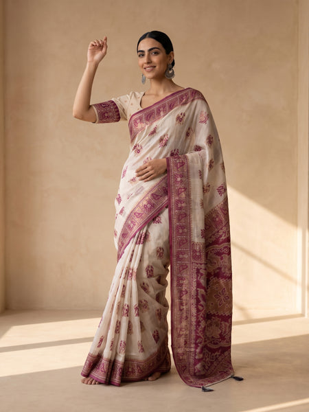 Monalisa Linen Cream Purple Saree